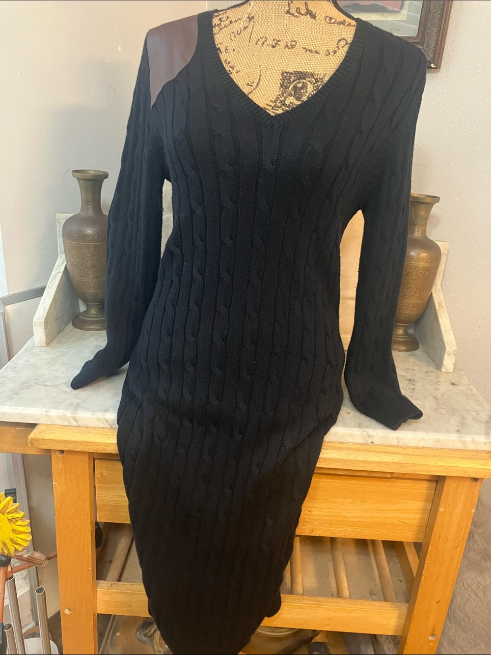 Lauren Ralph Lauren Navy Cable-Knit V-Neck Midi Dress Shoulder Faux Leather M!
